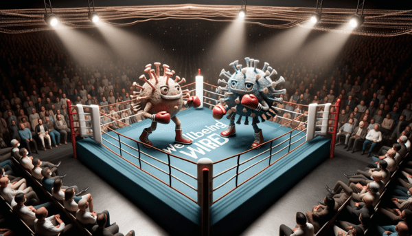 Animated viruses with boxing gloves in a ring surrounded by an audience.