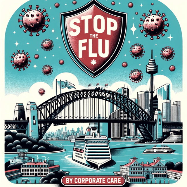 Illustration of Sydney Harbour Bridge protected by a 'Corporate Care' shield against flu virus particles, with the city skyline in the background and a 'Stop the Flu' sign.
