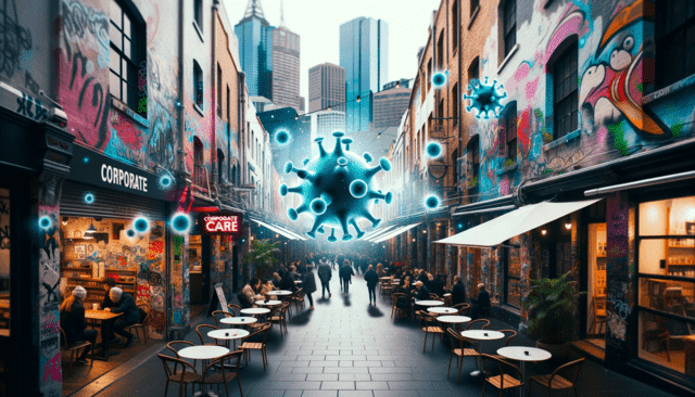 Melbourne laneway with street art, cafes, and crowds; flu virus particles and Corporate Care shield symbolizing citywide protection.