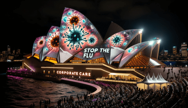 Sydney Opera House lit up with 'Stop The Flu' themed projections during Vivid Festival, with masked festival-goers and 'Corporate Care' logo.