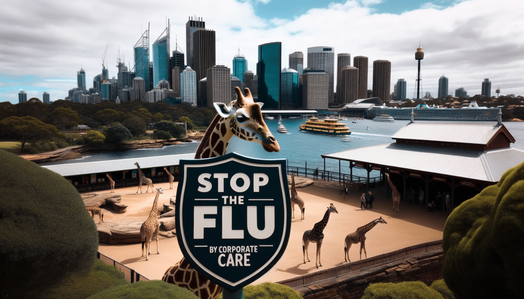 Sydney Taronga Zoo with harbour view, grazing giraffes, skyline backdrop, and a 'Stop the Flu' shield with 'Corporate Care' branding.