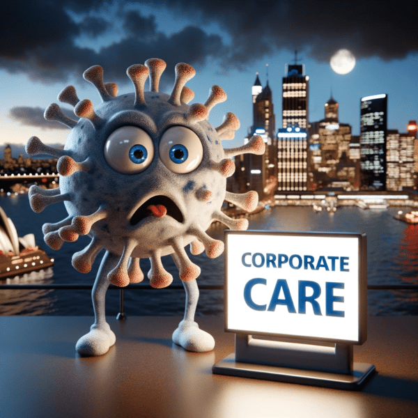 Cartoon virus character looking shocked at a 'CORPORATE CARE' sign against a city backdrop