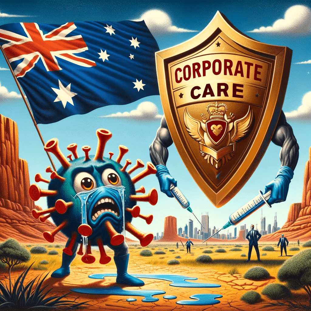 Illustration featuring a cartoonish virus character looking frightened in the Australian outback, with the Australian flag waving in the background. Two muscular arms extend from the sides, each holding a syringe aimed at the virus. In the center, a large, ornate shield with the words 'CORPORATE CARE' and a heart emblem emblazoned on it.
