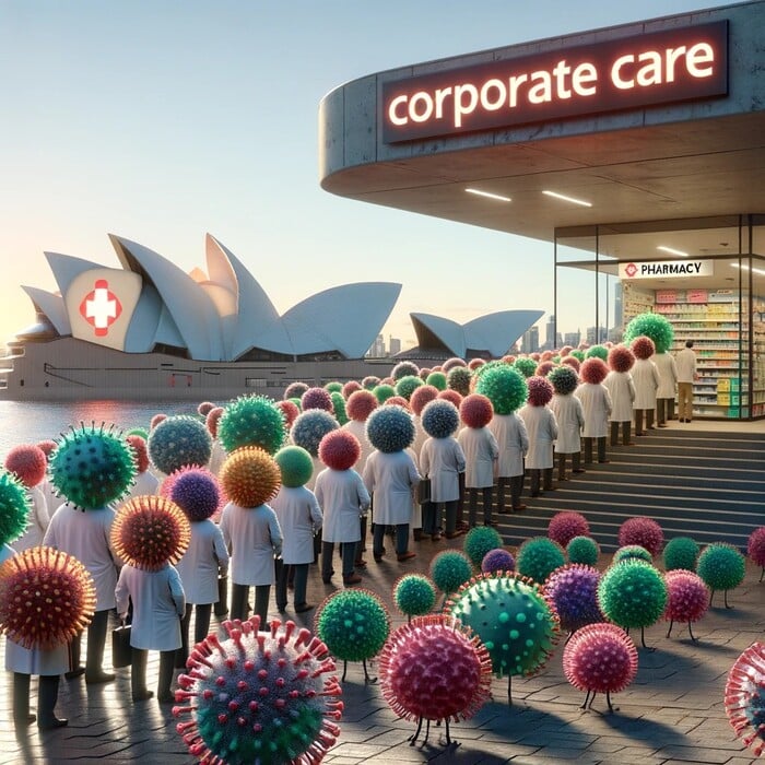 A variety of colorful, anthropomorphized flu viruses stand in line outside a contemporary Australian pharmacy with 'Corporate Care' prominently displayed on a sign, with the Sydney Opera House in the background, rendered in high-definition.