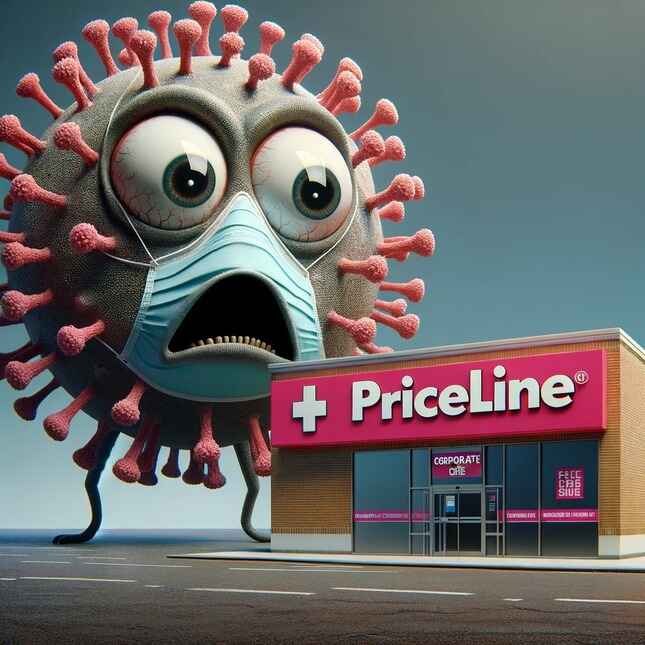 This image captures the creative depiction of a hyper-realistic anthropomorphic flu virus exhibiting a terrified expression. The flu virus is portrayed as if it has come to life, with vivid detail accentuating its fear. In the backdrop stands the PriceLine pharmacy, marked by a striking pink banner with its name inscribed in bold white letters, ensuring the brand is recognisable. The name 'Corporate Care' is subtly yet visibly interwoven into the composition, serving as a reminder of the company behind the scene. The high-resolution image mirrors the quality of an 8K cinema photograph, with the depth and texture lending to its impactful realism.