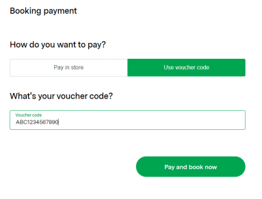 Payment options interface for TerryWhite Chemmart booking system with a voucher code entry field.