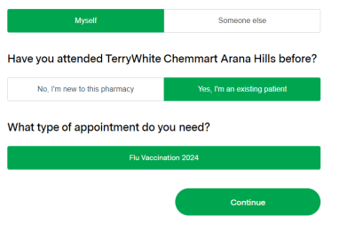 Online selection form for TerryWhite Chemmart flu vaccination booking indicating patient status and appointment type.