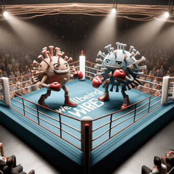 Animated viruses with boxing gloves in a ring surrounded by an audience.