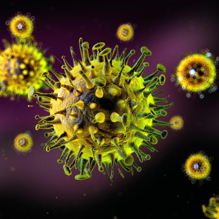 A close-up of a virus with its receptors highlighted, surrounded by other similar viruses in a laboratory setting